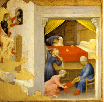 Gentile da Fabriano<br>MILAGROS DE S. NICOLÁS: EL SANTO REGALA 3<br>BOLAS DE ORO A TRES NIÑAS POBRES, 1495<br>Temple sobre tabla, 35,8 x 36,1 cm<br>fines del siglo IV - Catálogo de la muestra 'La fe y el arte' - Cuarta sección - Museo Nacional de Artes Visuales
