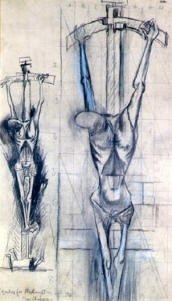 SUTHERLAND, Graham<br>STUDIES FOR NORTHAMPTON CRUCIFIXION, 1946<br>Dibujo, 65 x 40 cm - Catálogo de la muestra 'La fe y el arte' - Quinta sección - Museo Nacional de Artes Visuales