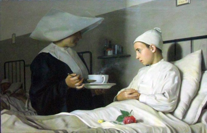 En el hospital, c.1889<br>Carlos Seijo (1862-1956)<br>Óleo sobre Tela<br>87 x 128 cm - Arte y Salud en la Colección MNAV - Día del Patrimonio 2020 - Museo Nacional de Artes Visuales