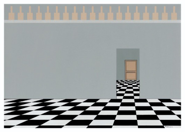 Espacio geométrico.<br>1977<br>Pintura acrílica, 82 × 58 cm. - Pensar el tiempo y las cosas - Daniel Gallo - Museo Nacional de Artes Visuales