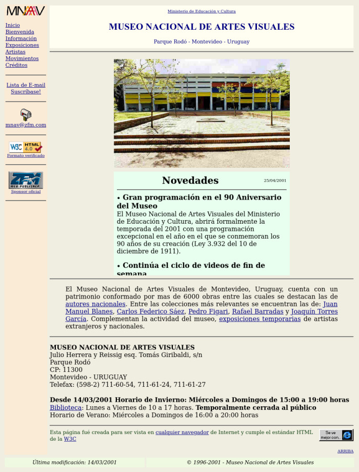 Diseño 2001-2007. Dirección: Ángel Kalenberg. Logo diseñado por F. Álvarez Cozzi - Historia de nuestra web - Museo Nacional de Artes Visuales