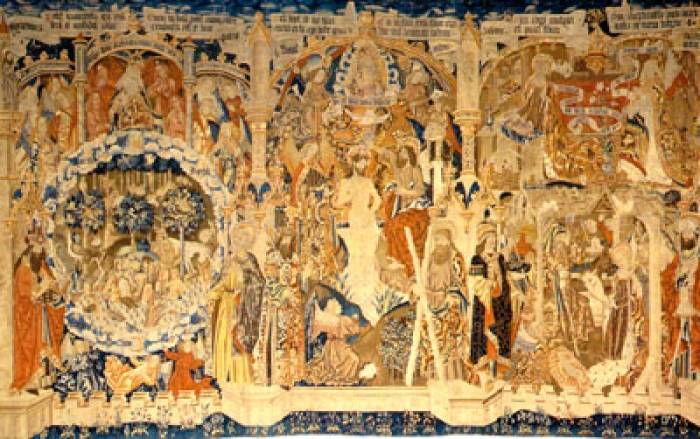 Manufactura de Tournai Manufactura de Tournai<br>EPISODIOS DEL CREDO<br>Tapiz, último cuarto del siglo XV<br>410 x 685 cm. - Catálogo de la muestra 'La fe y el arte' - Sección Introductoria  - Museo Nacional de Artes Visuales