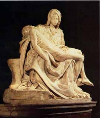LA PIEDAD<br>MIGUEL ÁNGEL BUONARROTI<br>Calco en resina<br>Altura 175 cm. - Catálogo de la muestra 'La fe y el arte' - Segunda sección - Museo Nacional de Artes Visuales