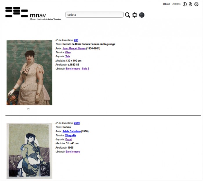 Resultado de buscar "carlota" - Datos Abiertos del acervo de MNAV - Museo Nacional de Artes Visuales