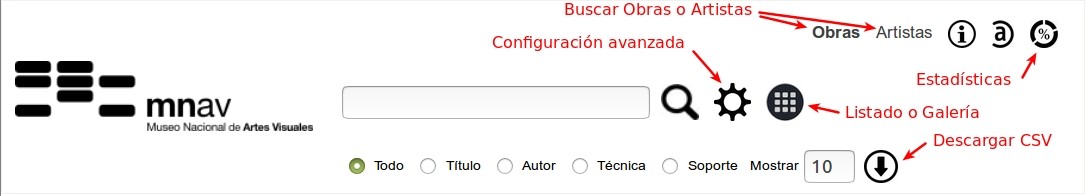 Acceso a Descarga y búsqueda avanzada en el ícono del engranaje. - Datos Abiertos del acervo de MNAV - Museo Nacional de Artes Visuales