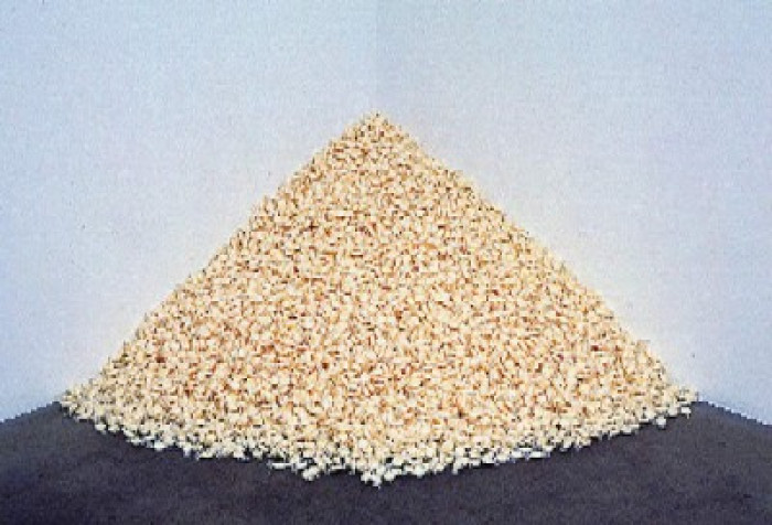 "Untitled" (Portrait of Dad), 1991, caramelos blancos envueltos en celofán, abastecimiento ilimitado, peso ideal 79kg, dimensiones varían con instalación<br><BR> © Estate of Felix Gonzalez-Torres. Courtesy Andrea Rosen Gallery. This image may not be reproduced without permission<br><BR> ARG# GF1991-79 - Felix Gonzales Torres - Museo Nacional de Artes Visuales